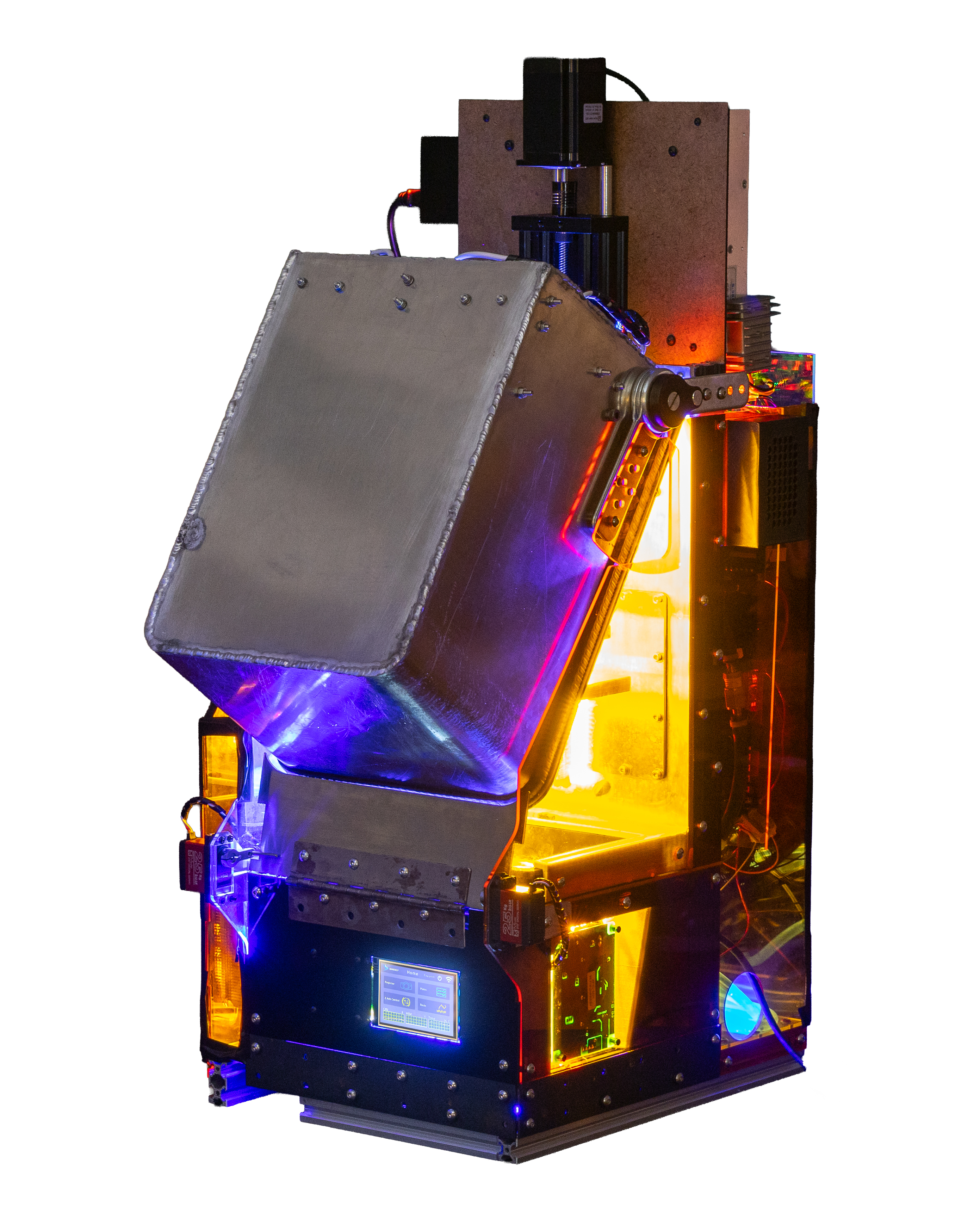 Working RIPP prototype illuminated through orange acrylic